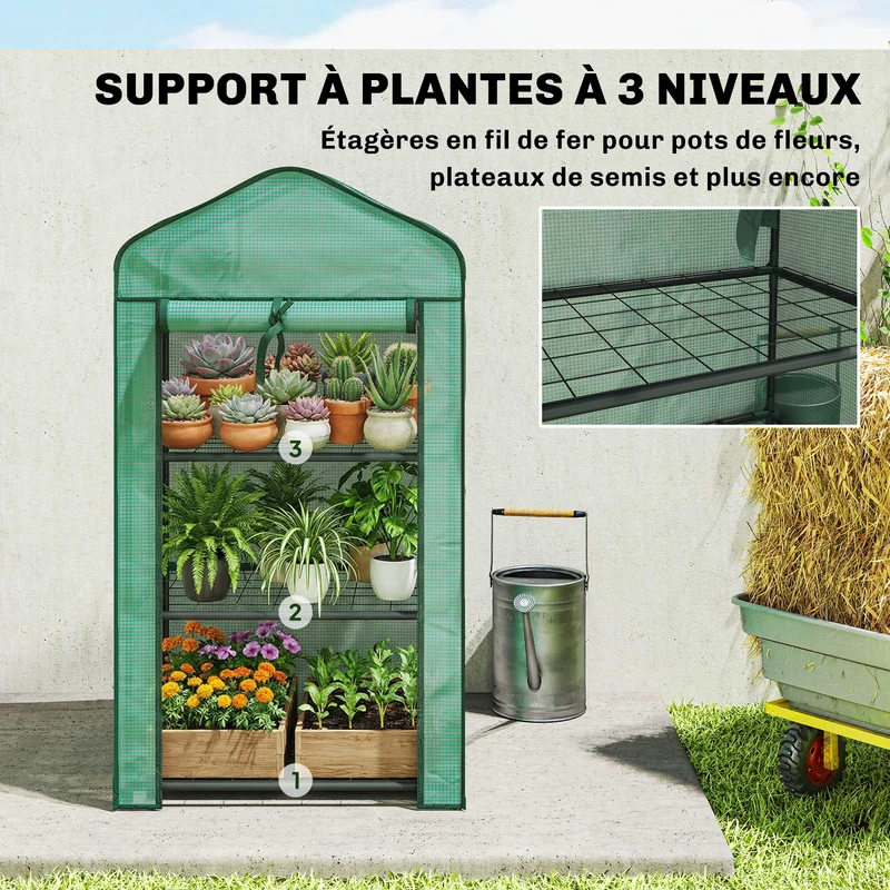 Serre de jardin compacte 3 étagères balcon 59 x 39 x 127 cm protection anti uv aération style moderne en plastique vert 21_0005439