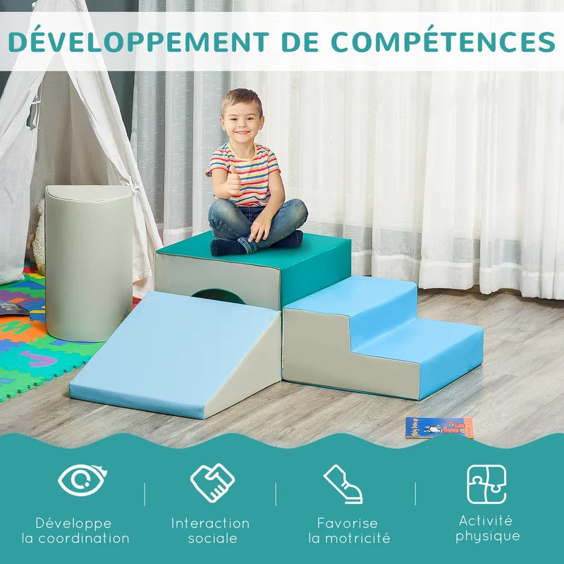 Parcours motricité bébé modulable 150 x 50 x 39 cm stimulation moteur sécurité antidérapante style scandinave en PU vert 21_0000719