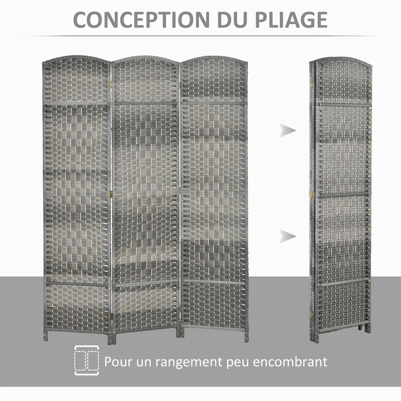 Paravent intérieur 3 panneaux 135 x 1,7 x 180 cm gain de place et intimité style scandinave épuré en polypropylène gris 21_0001330