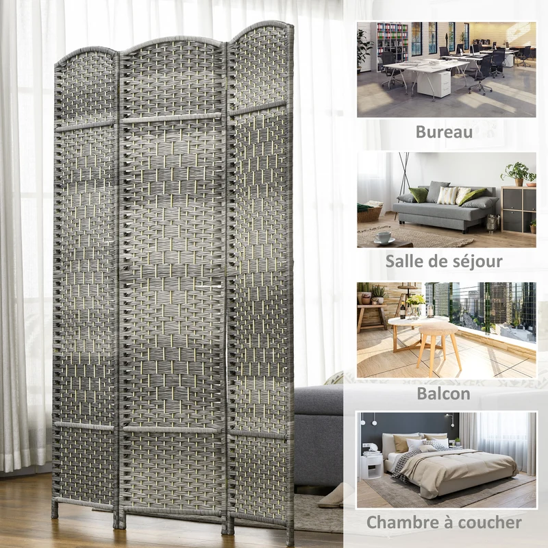 Paravent intérieur 3 panneaux 135 x 1,7 x 180 cm gain de place et intimité style scandinave épuré en polypropylène gris 21_0001330