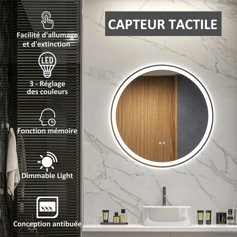 Miroir rond salle de bain 70 x 3.4 cm antibuée éclairage 3 couleurs tactile grand format épuré moderne en verre argent 21_0001969