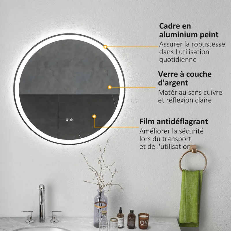 Miroir rond salle de bain 70 x 3.4 cm antibuée éclairage 3 couleurs tactile grand format épuré moderne en verre argent 21_0001969