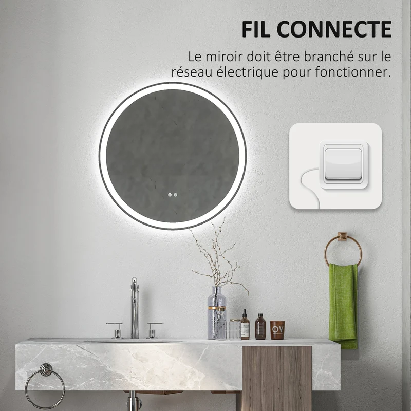 Miroir rond salle de bain 70 x 3.4 cm antibuée éclairage 3 couleurs tactile grand format épuré moderne en verre argent 21_0001969