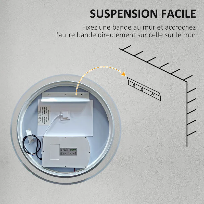 Miroir rond salle de bain 70 x 3.4 cm antibuée éclairage 3 couleurs tactile grand format épuré moderne en verre argent 21_0001969