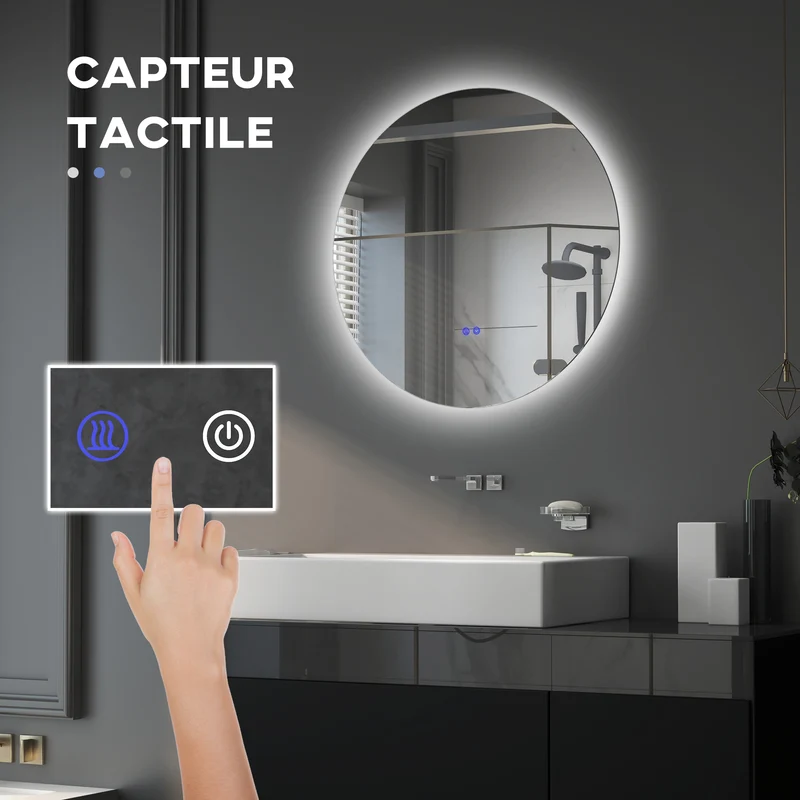 Miroir rond mural salle de bain 70 x 3,5 cm antibuée éclairage réglable tactile diodes design contemporain en verre gris 21_0001975