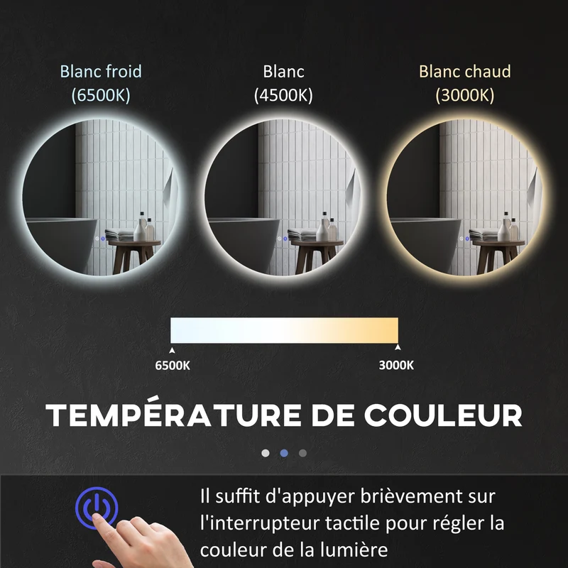 Miroir rond mural salle de bain 70 x 3,5 cm antibuée éclairage réglable tactile diodes design contemporain en verre gris 21_0001975
