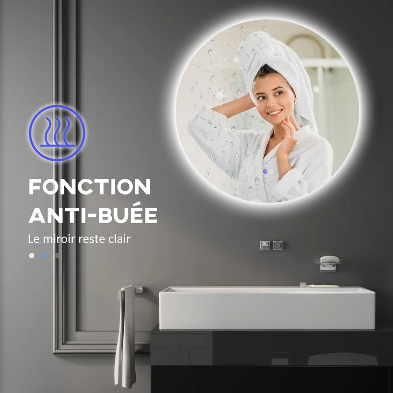 Miroir rond mural salle de bain 70 x 3,5 cm antibuée éclairage réglable tactile diodes design contemporain en verre gris 21_0001975