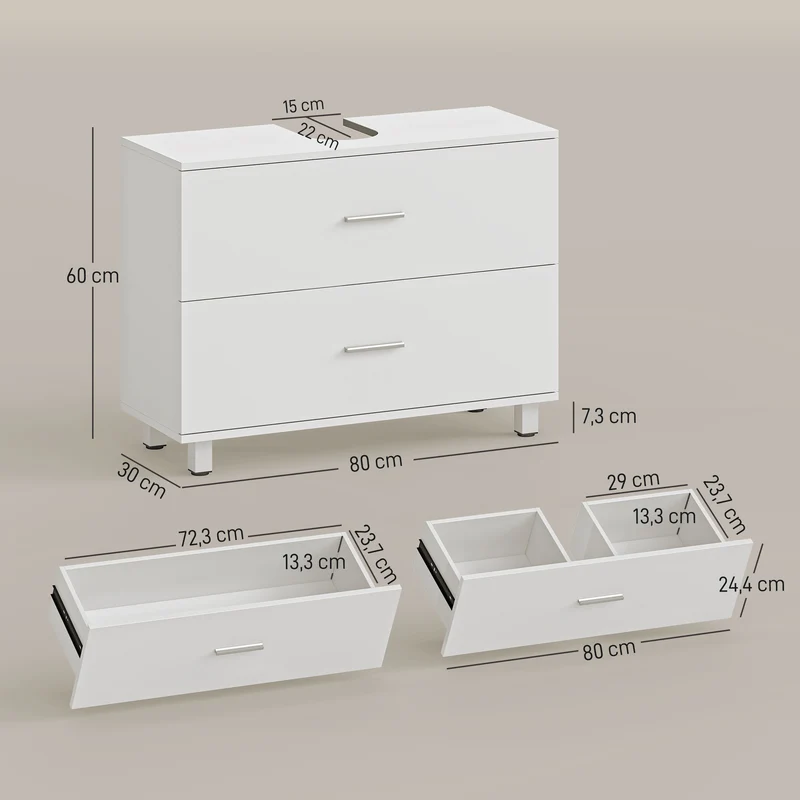Meuble sous lavabo 2 tiroirs 80 x 30 x 60 cm rangement optimisé antibasculement moderne épuré poignées en MDF blanc 21_0002126