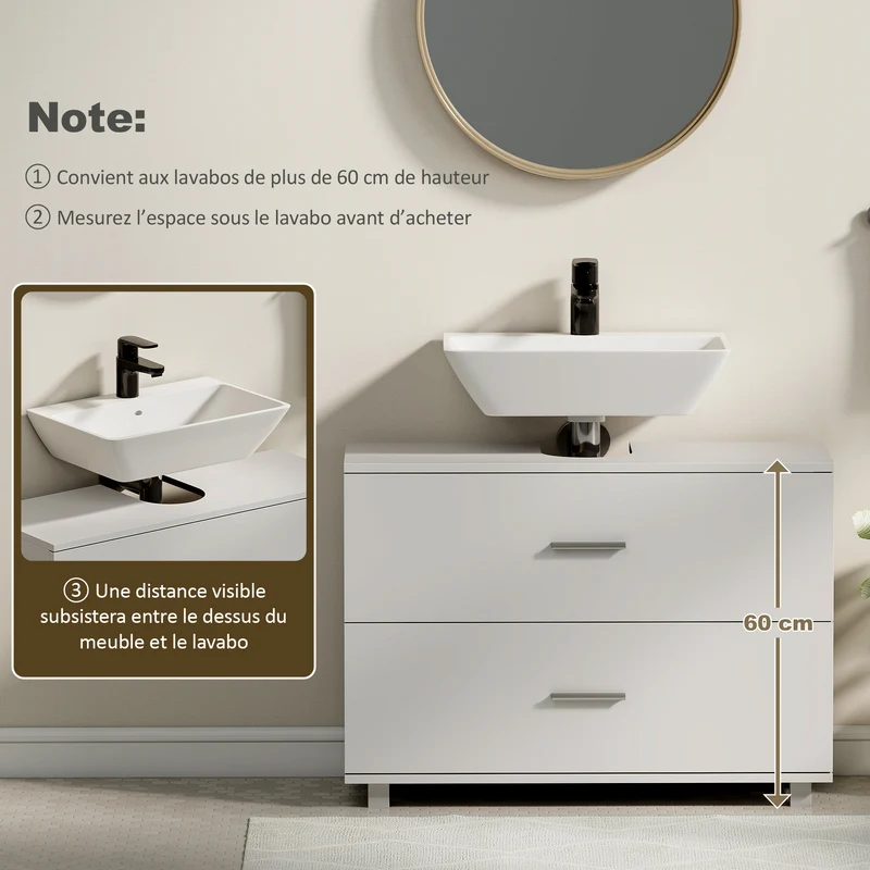 Meuble sous lavabo 2 tiroirs 80 x 30 x 60 cm rangement optimisé antibasculement moderne épuré poignées en MDF blanc 21_0002126