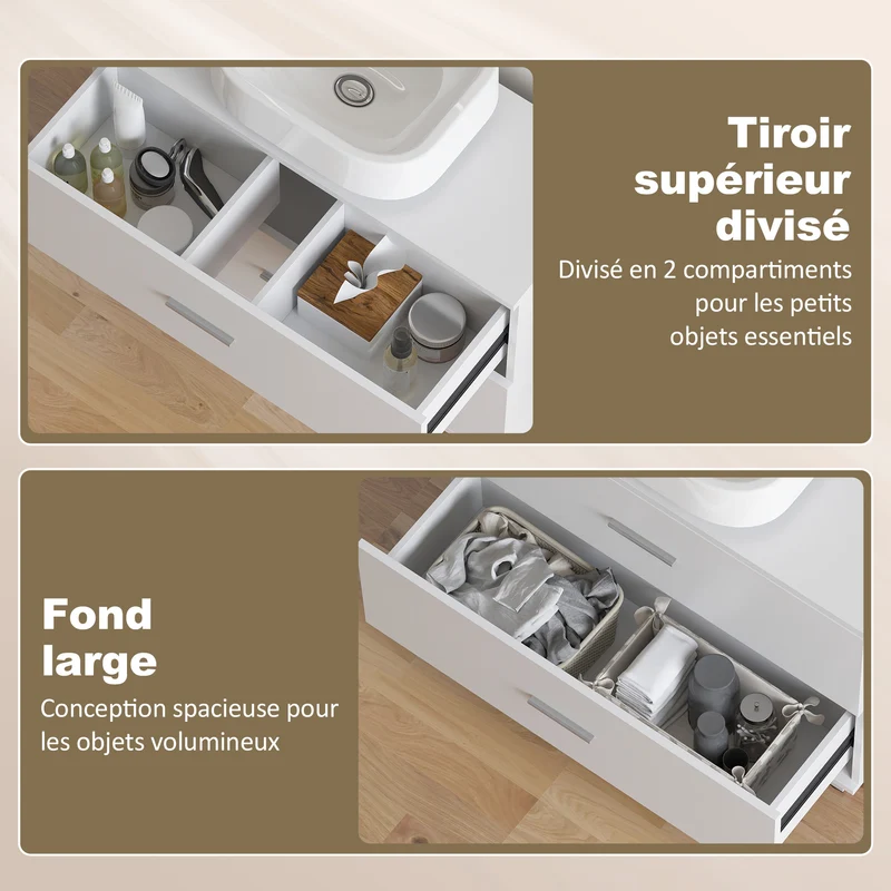 Meuble sous lavabo 2 tiroirs 80 x 30 x 60 cm rangement optimisé antibasculement moderne épuré poignées en MDF blanc 21_0002126