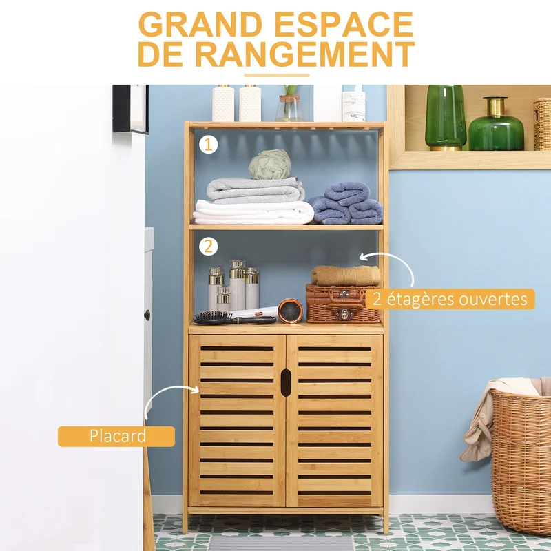 Meuble de salle de bain armoire sur pied 60 x 30 x 120 cm gain de place rangement ventilé scandinave en bambou naturel 21_0001929