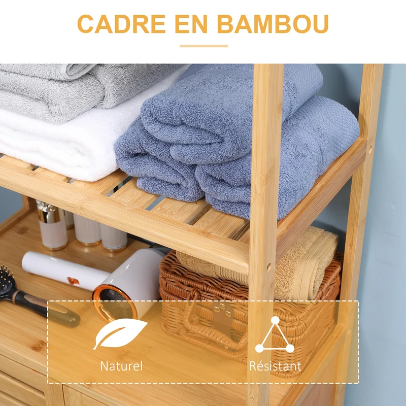 Meuble de salle de bain armoire sur pied 60 x 30 x 120 cm gain de place rangement ventilé scandinave en bambou naturel 21_0001929