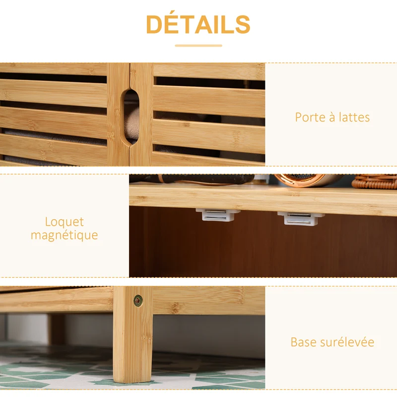 Meuble de salle de bain armoire sur pied 60 x 30 x 120 cm gain de place rangement ventilé scandinave en bambou naturel 21_0001929