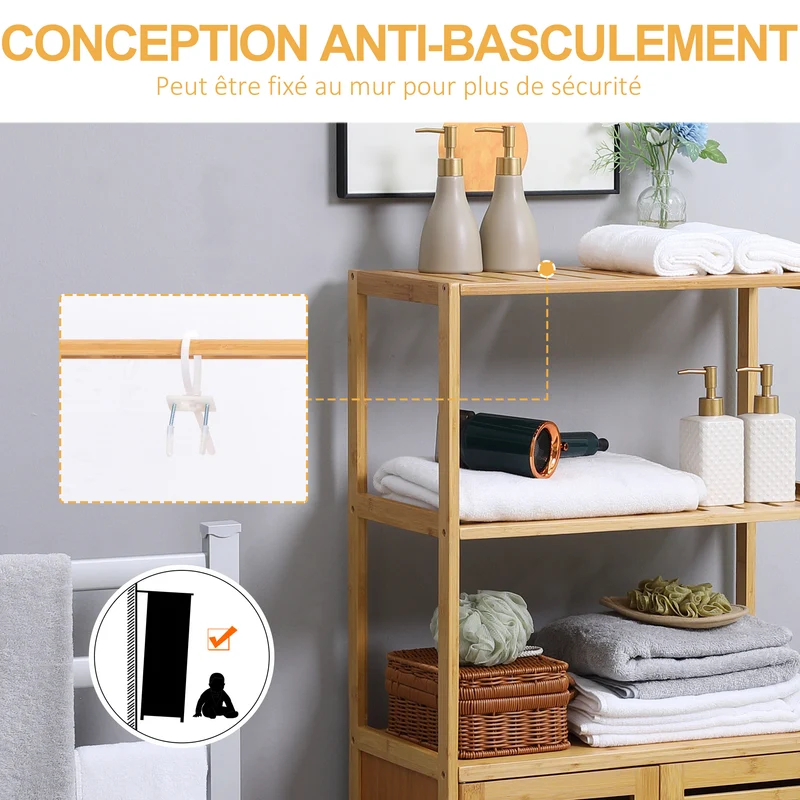 Meuble de salle de bain armoire sur pied 60 x 30 x 120 cm gain de place rangement ventilé scandinave en bambou naturel 21_0001929