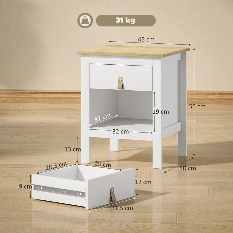 Lot de 2 tables de chevet 45 x 40 x 55 cm rangement tiroir et niche design épuré salon en panneau de particules blanc 21_0001671