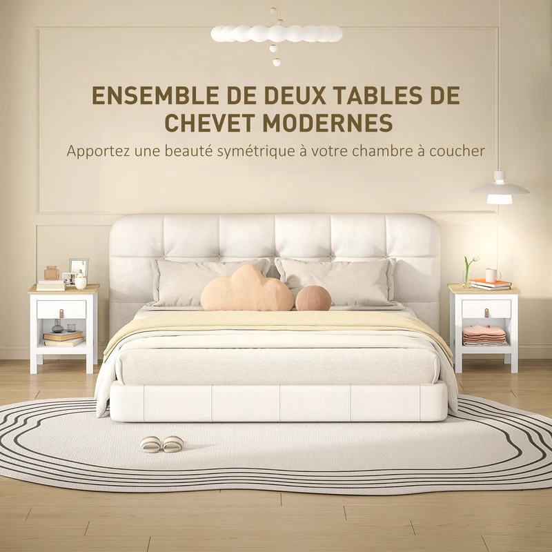 Lot de 2 tables de chevet 45 x 40 x 55 cm rangement tiroir et niche design épuré salon en panneau de particules blanc 21_0001671