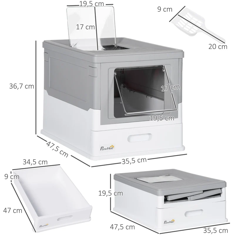 Lot de 2 maison de toilette pour chat pliable 47.5 x 35.5 x 36.7 cm tiroir coulissant pelle incluse moderne en PP gris 21_0006011