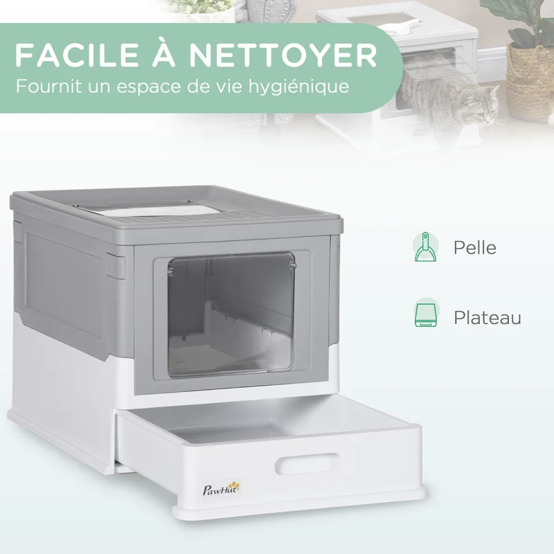 Lot de 2 maison de toilette pour chat pliable 47.5 x 35.5 x 36.7 cm tiroir coulissant pelle incluse moderne en PP gris 21_0006011