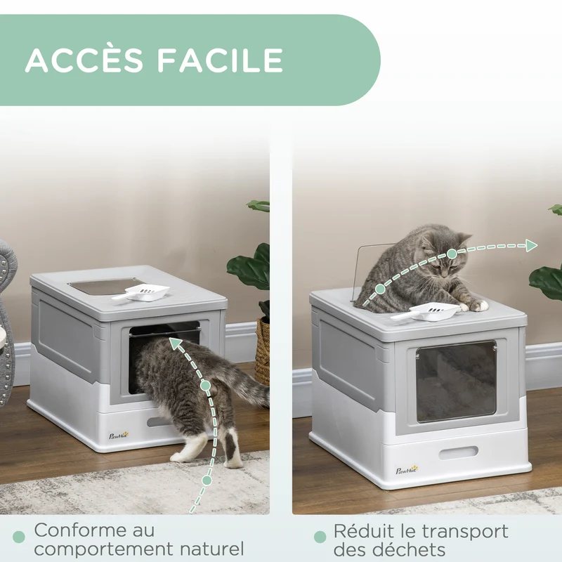 Lot de 2 maison de toilette pour chat pliable 47.5 x 35.5 x 36.7 cm tiroir coulissant pelle incluse moderne en PP gris 21_0006011