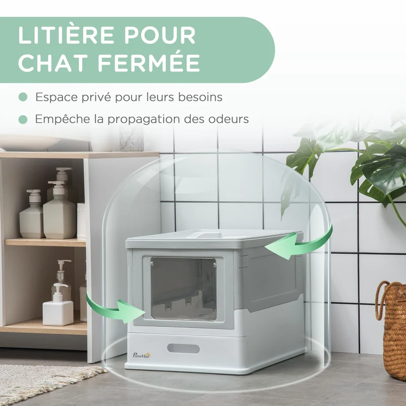Lot de 2 maison de toilette pour chat pliable 47.5 x 35.5 x 36.7 cm tiroir coulissant pelle incluse moderne en PP gris 21_0006011