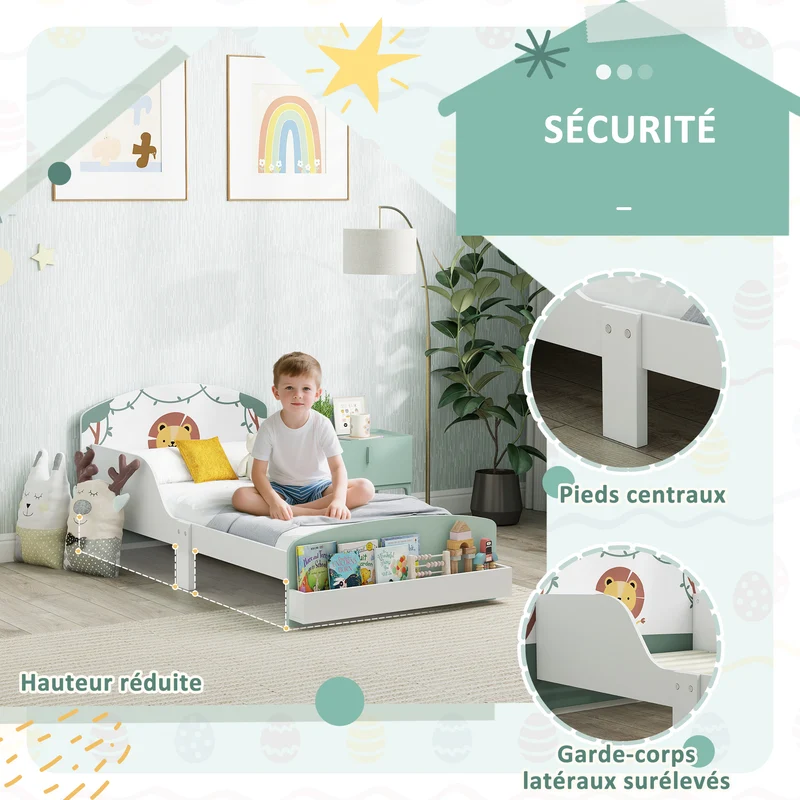 Lit enfant bas avec barrières de sécurité 150 x 77 x 60 cm sommier à lattes rangement intégré scandinave en MDF vert 21_0000254