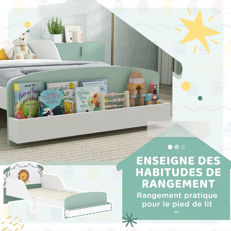 Lit enfant bas avec barrières de sécurité 150 x 77 x 60 cm sommier à lattes rangement intégré scandinave en MDF vert 21_0000254