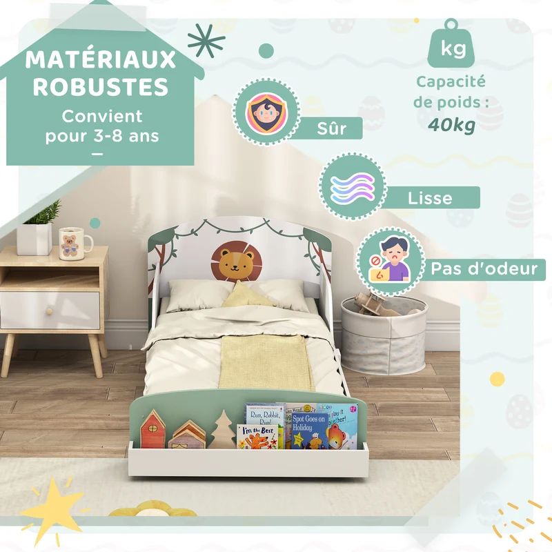 Lit enfant bas avec barrières de sécurité 150 x 77 x 60 cm sommier à lattes rangement intégré scandinave en MDF vert 21_0000254
