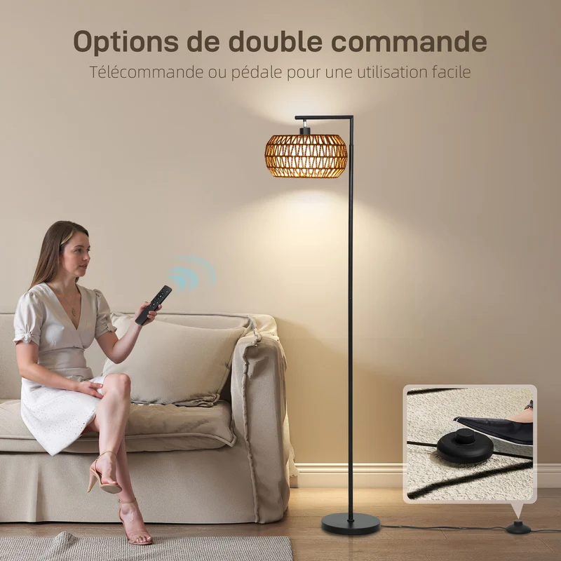 Lampadaire sur pied salon 52 x 33 x 170 cm variateur télécommande abat-jour double couche contemporain en acier noir 21_0007070