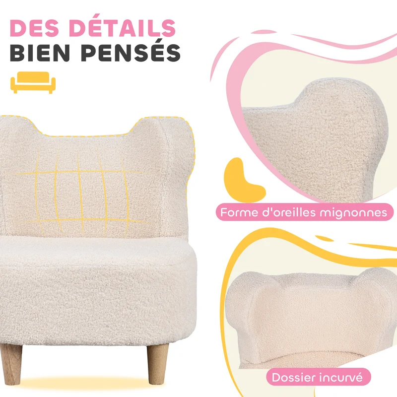 Fauteuil enfant canapé ourson 47 x 43 x 53 cm doux sécurisé dossier oreilles d'ours scandinave tendance en polaire beige 21_0000132