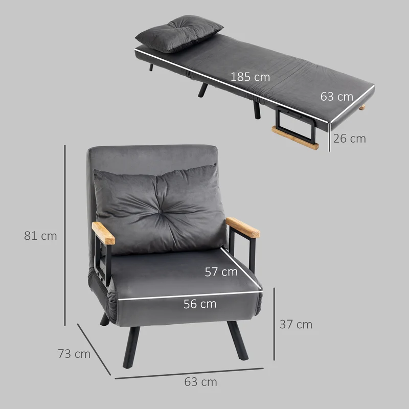 Fauteuil convertible 1 place 63 x 73 x 81 cm dossier 5 positions assise rembourrée moderne en tissu velours gris foncé 21_0003134