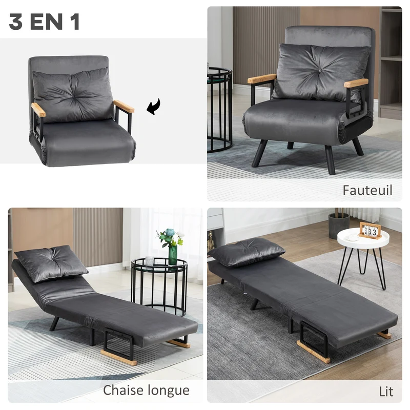Fauteuil convertible 1 place 63 x 73 x 81 cm dossier 5 positions assise rembourrée moderne en tissu velours gris foncé 21_0003134