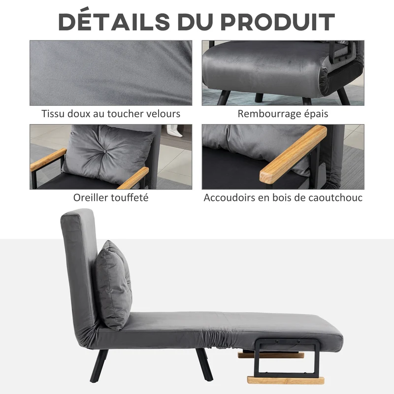 Fauteuil convertible 1 place 63 x 73 x 81 cm dossier 5 positions assise rembourrée moderne en tissu velours gris foncé 21_0003134