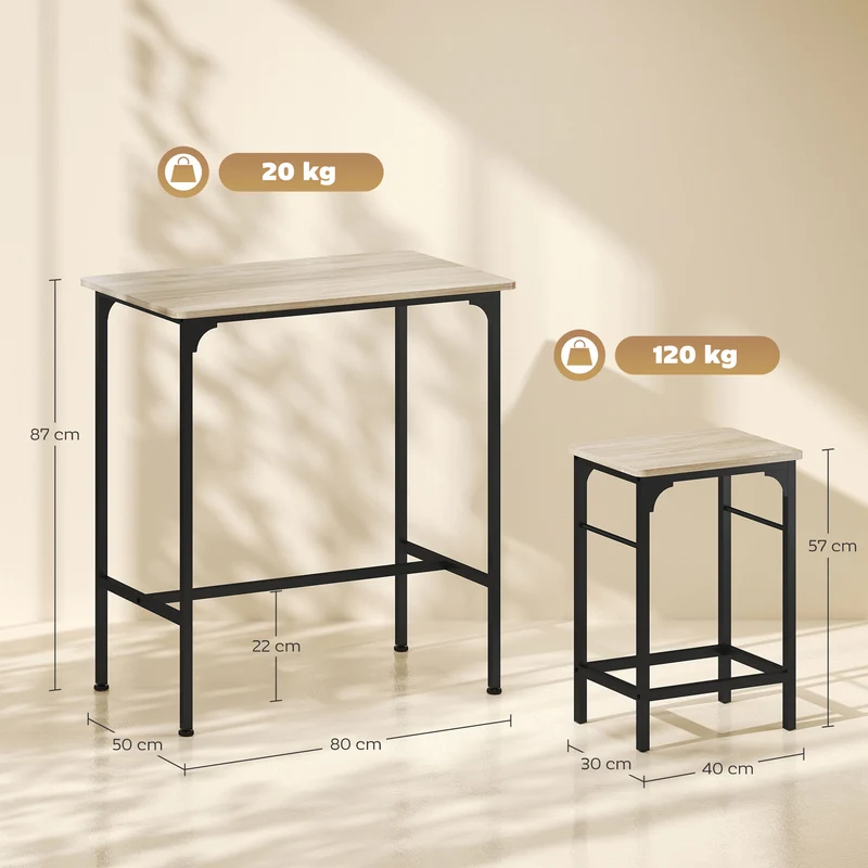 Ensemble table de bar avec 2 tabourets cuisine salle à manger 80 x 50 x 87 cm gain de place industriel en bois naturel 21_0003309
