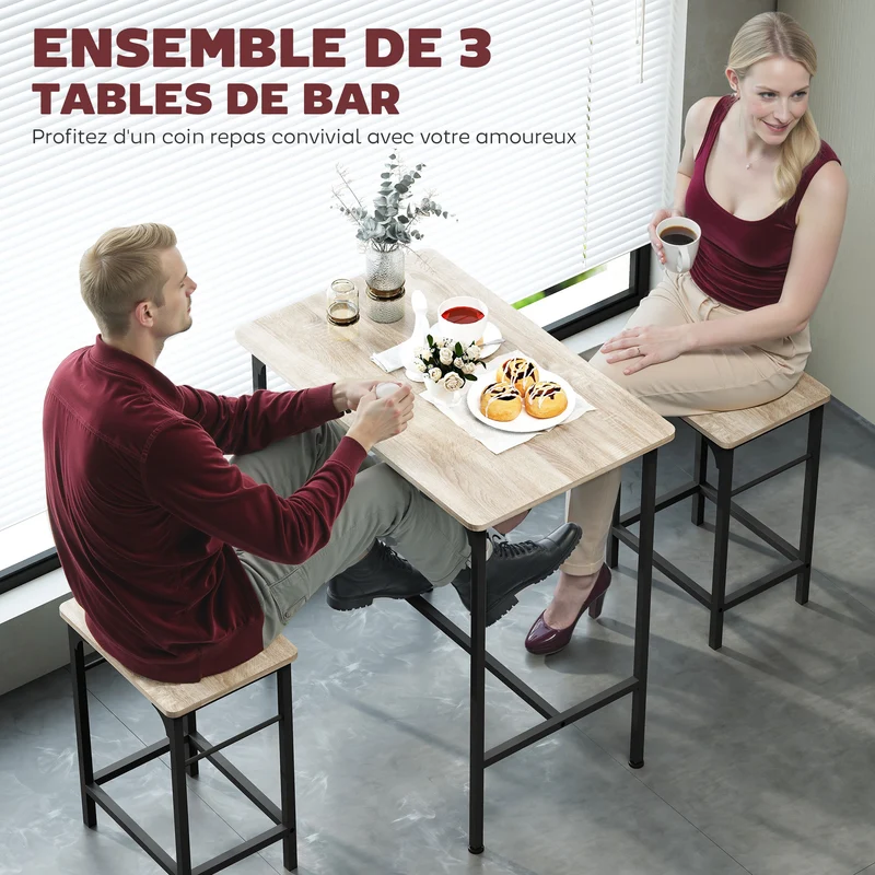 Ensemble table de bar avec 2 tabourets cuisine salle à manger 80 x 50 x 87 cm gain de place industriel en bois naturel 21_0003309