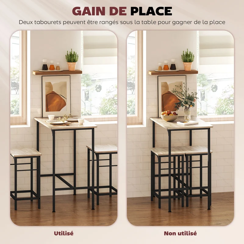 Ensemble table de bar avec 2 tabourets cuisine salle à manger 80 x 50 x 87 cm gain de place industriel en bois naturel 21_0003309