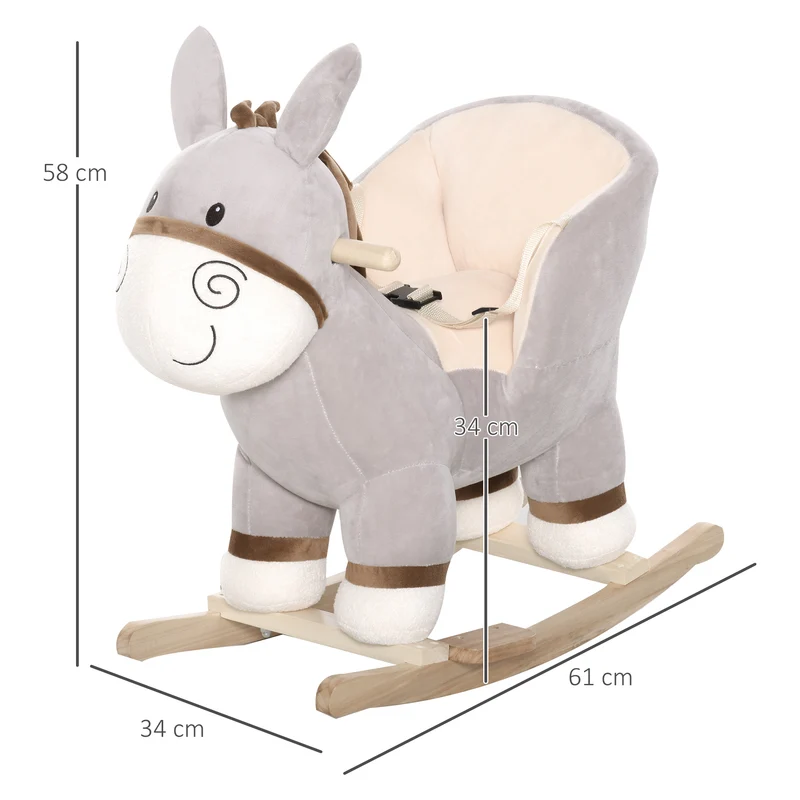 Cheval à bascule forme âne 61 x 34 x 58 cm selle confort fonction musicale siège sécurisé décoratif en peluche gris 21_0000278