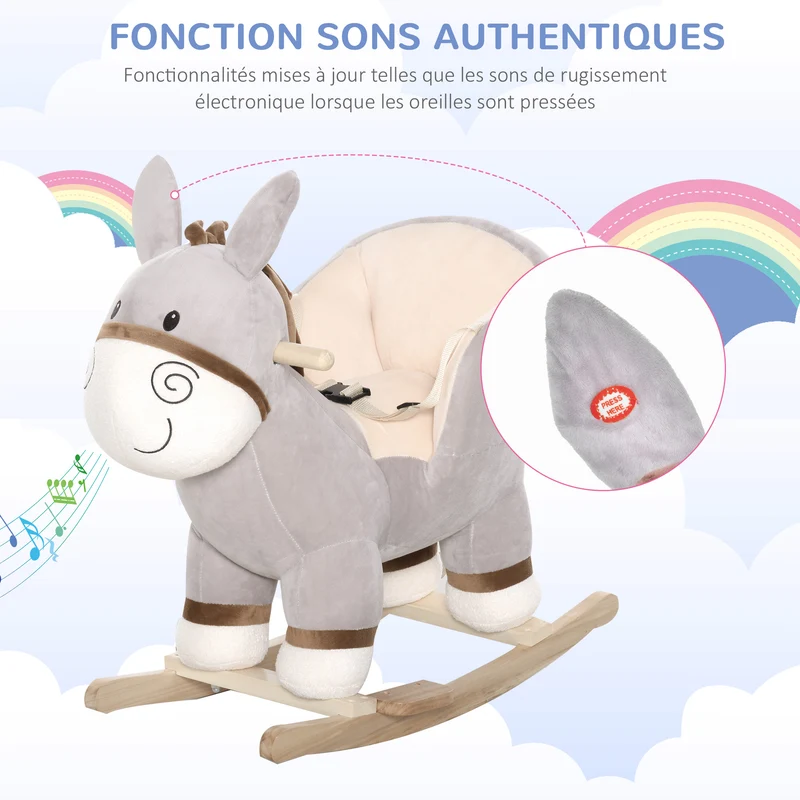 Cheval à bascule forme âne 61 x 34 x 58 cm selle confort fonction musicale siège sécurisé décoratif en peluche gris 21_0000278