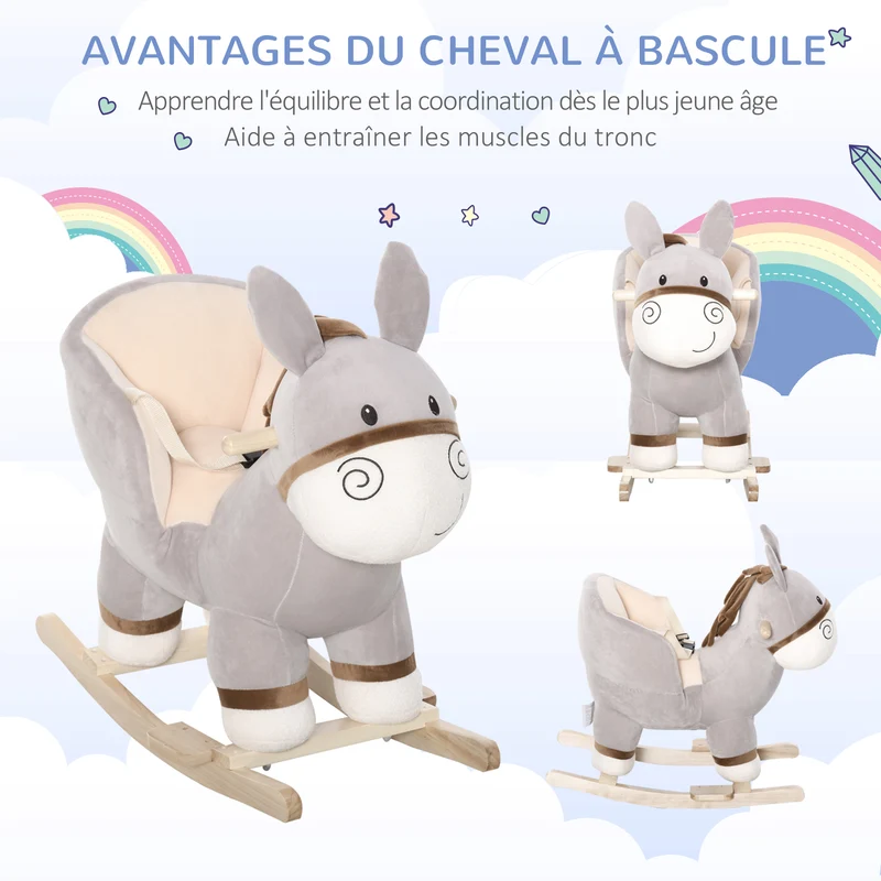 Cheval à bascule forme âne 61 x 34 x 58 cm selle confort fonction musicale siège sécurisé décoratif en peluche gris 21_0000278