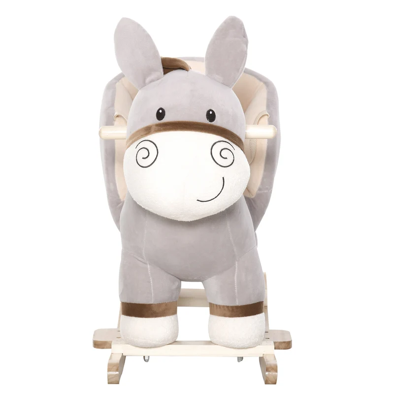 Cheval à bascule forme âne 61 x 34 x 58 cm selle confort fonction musicale siège sécurisé décoratif en peluche gris 21_0000278