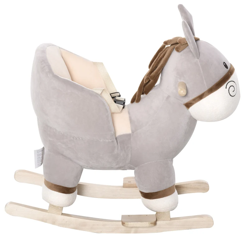 Cheval à bascule forme âne 61 x 34 x 58 cm selle confort fonction musicale siège sécurisé décoratif en peluche gris 21_0000278