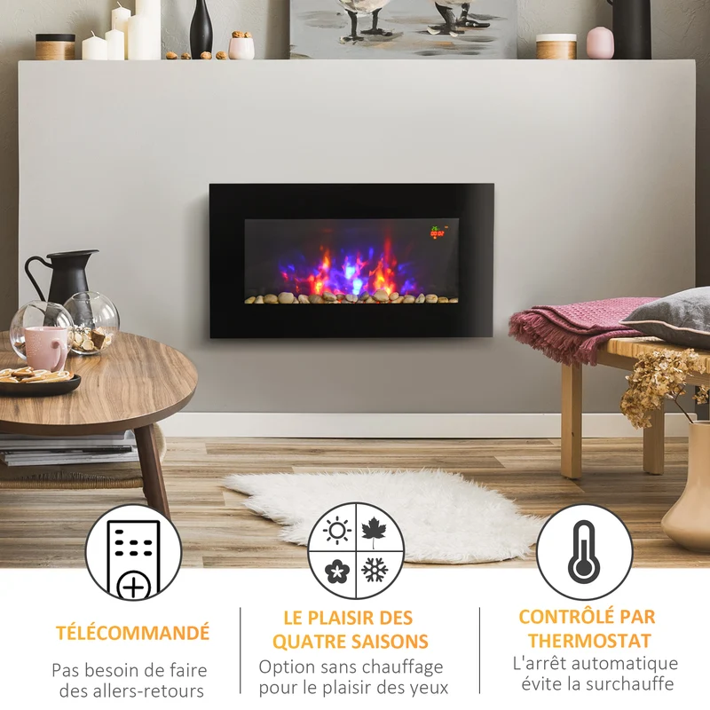 Cheminée électrique murale décorative 72,5 x 11,5 x 40 cm chauffage 1000 et 2000 w télécommande moderne en métal noir 21_0001112