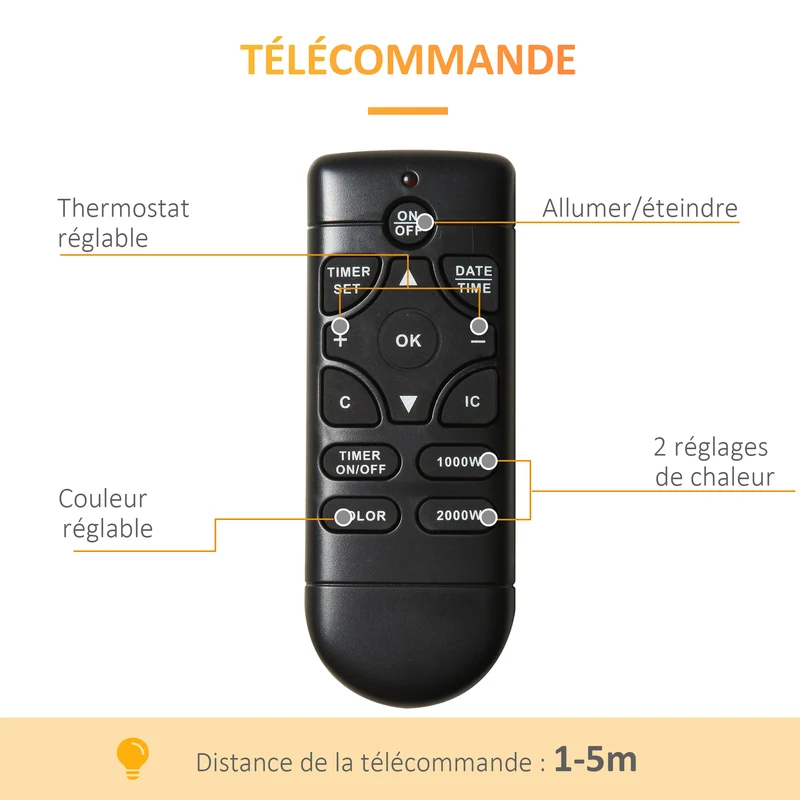 Cheminée électrique murale décorative 72,5 x 11,5 x 40 cm chauffage 1000 et 2000 w télécommande moderne en métal noir 21_0001112