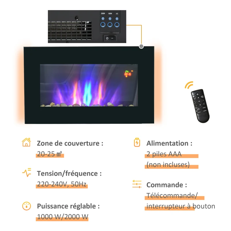 Cheminée électrique murale décorative 72,5 x 11,5 x 40 cm chauffage 1000 et 2000 w télécommande moderne en métal noir 21_0001112