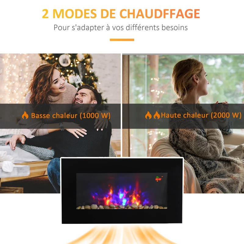 Cheminée électrique murale décorative 72,5 x 11,5 x 40 cm chauffage 1000 et 2000 w télécommande moderne en métal noir 21_0001112