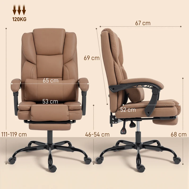 Chaise de bureau inclinable repose-pieds 65 x 67 x 111-119 cm confort et soutien contemporain en cuir synthétique marron 21_0006326