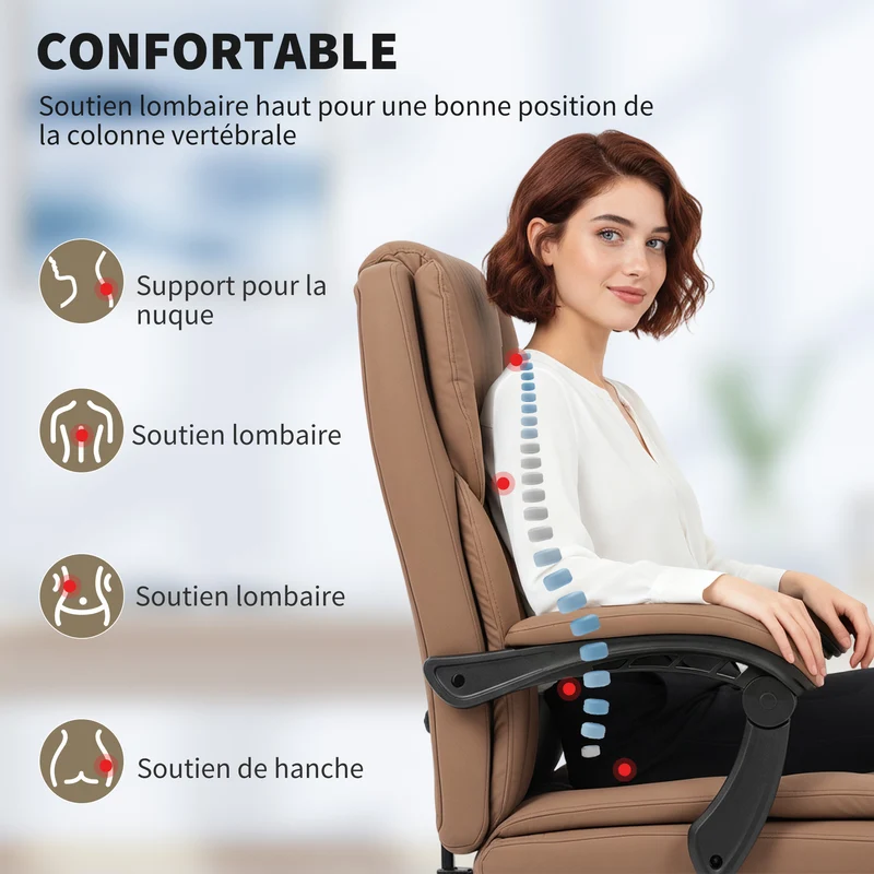 Chaise de bureau inclinable repose-pieds 65 x 67 x 111-119 cm confort et soutien contemporain en cuir synthétique marron 21_0006326