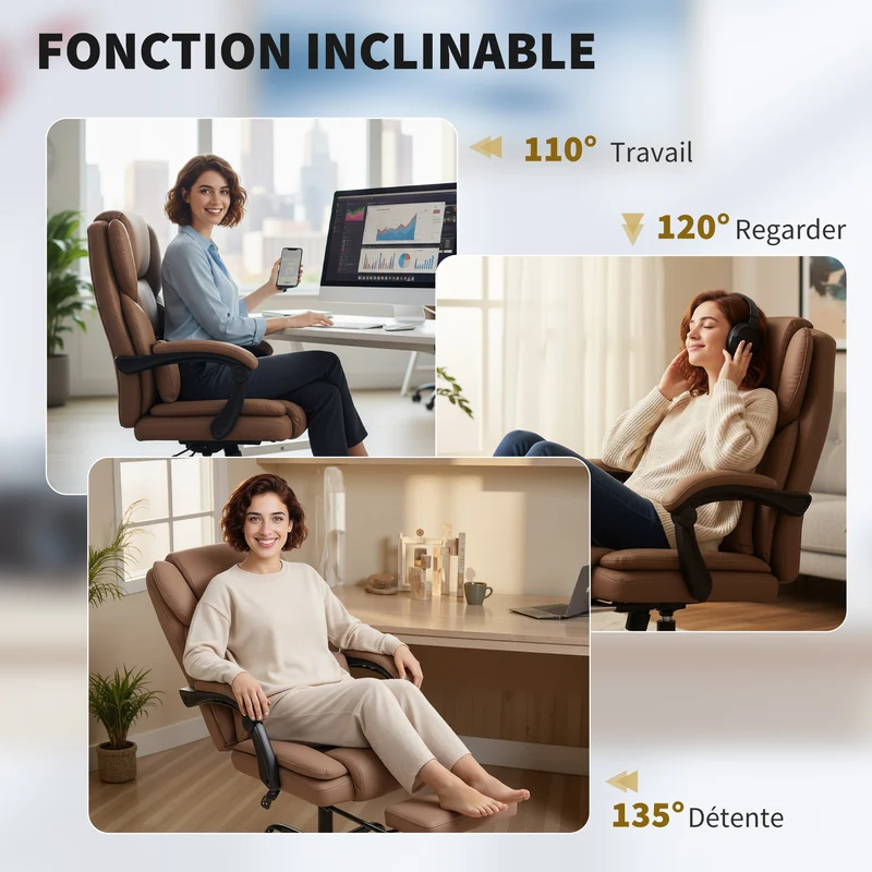 Chaise de bureau inclinable repose-pieds 65 x 67 x 111-119 cm confort et soutien contemporain en cuir synthétique marron 21_0006326