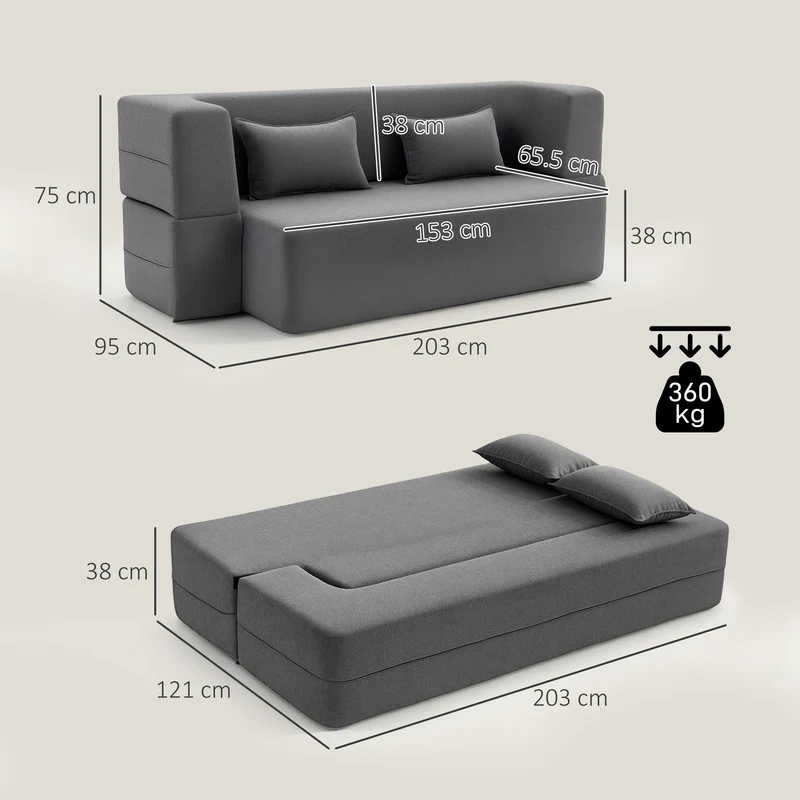 Canapé convertible 2 places canapé-lit 203 x 95 x 75 cm assise large confortable moderne avec 2 coussins en chenille gris 21_0003577