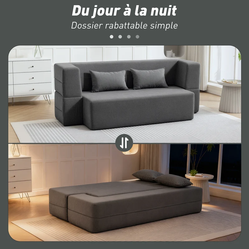 Canapé convertible 2 places canapé-lit 203 x 95 x 75 cm assise large confortable moderne avec 2 coussins en chenille gris 21_0003577