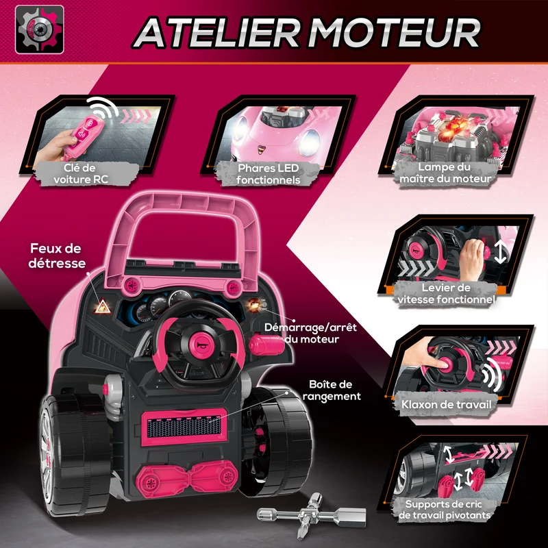 Camion mécano 2 en 1 jouet d'imitation 40 x 39 x 47 cm effets sonores et lumineux coffre de rangement design en PP rose 21_0000422